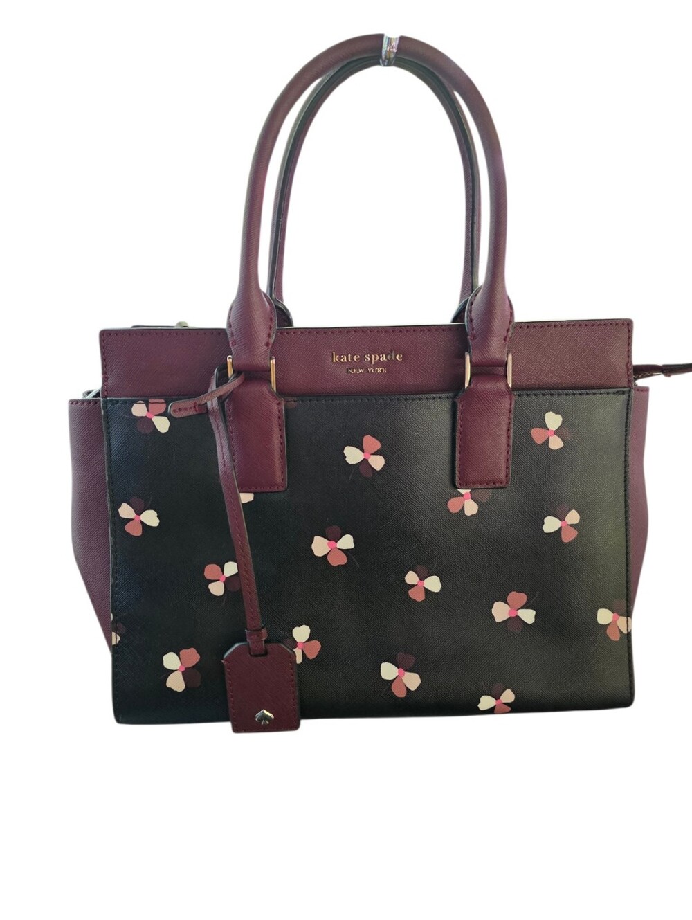 kate spade Black and Burgundy Floral Appliqué Satchel